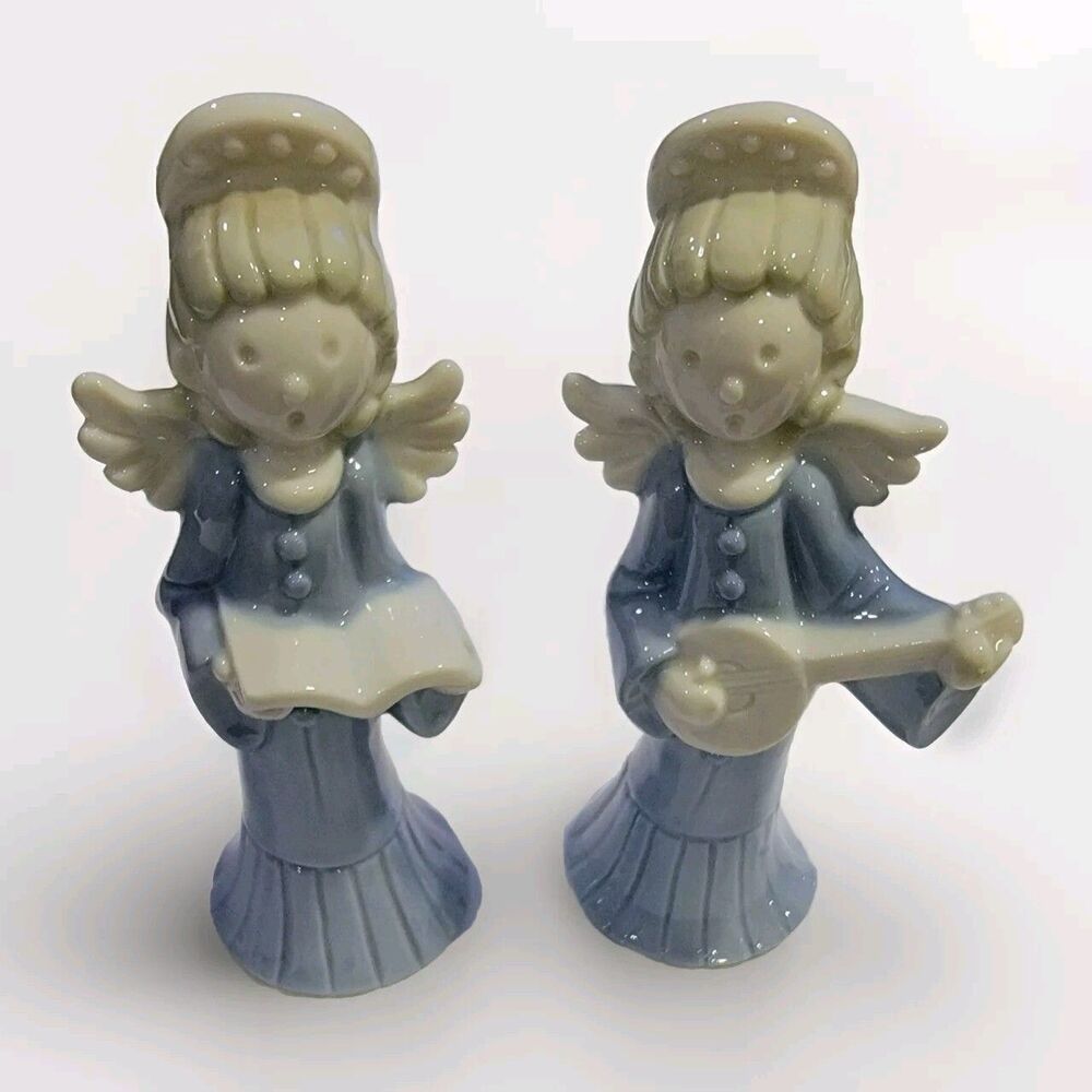 VTG Christmas Singing Choir Angels Inarco Porcelain Blue White 6" Figurines